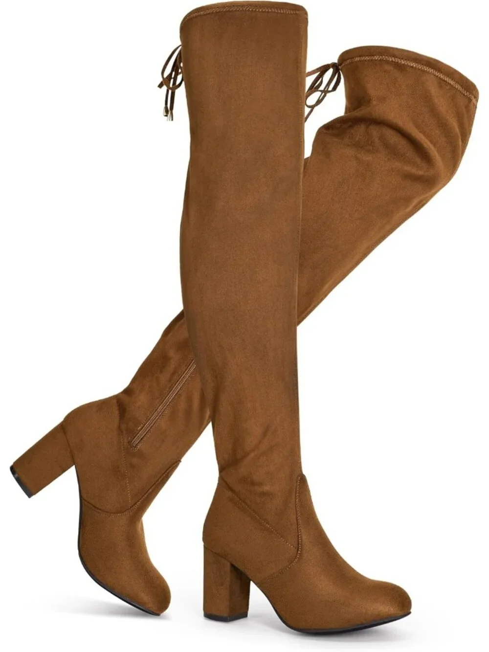 Women's Camel Chunky Heel Round Toe Side Zipper Over The Knee Thigh High Boots